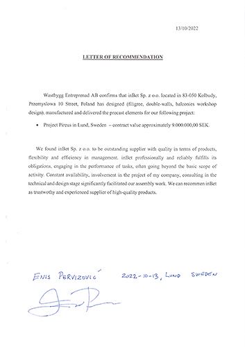 Letter of recommendation Wastbygg Pireu